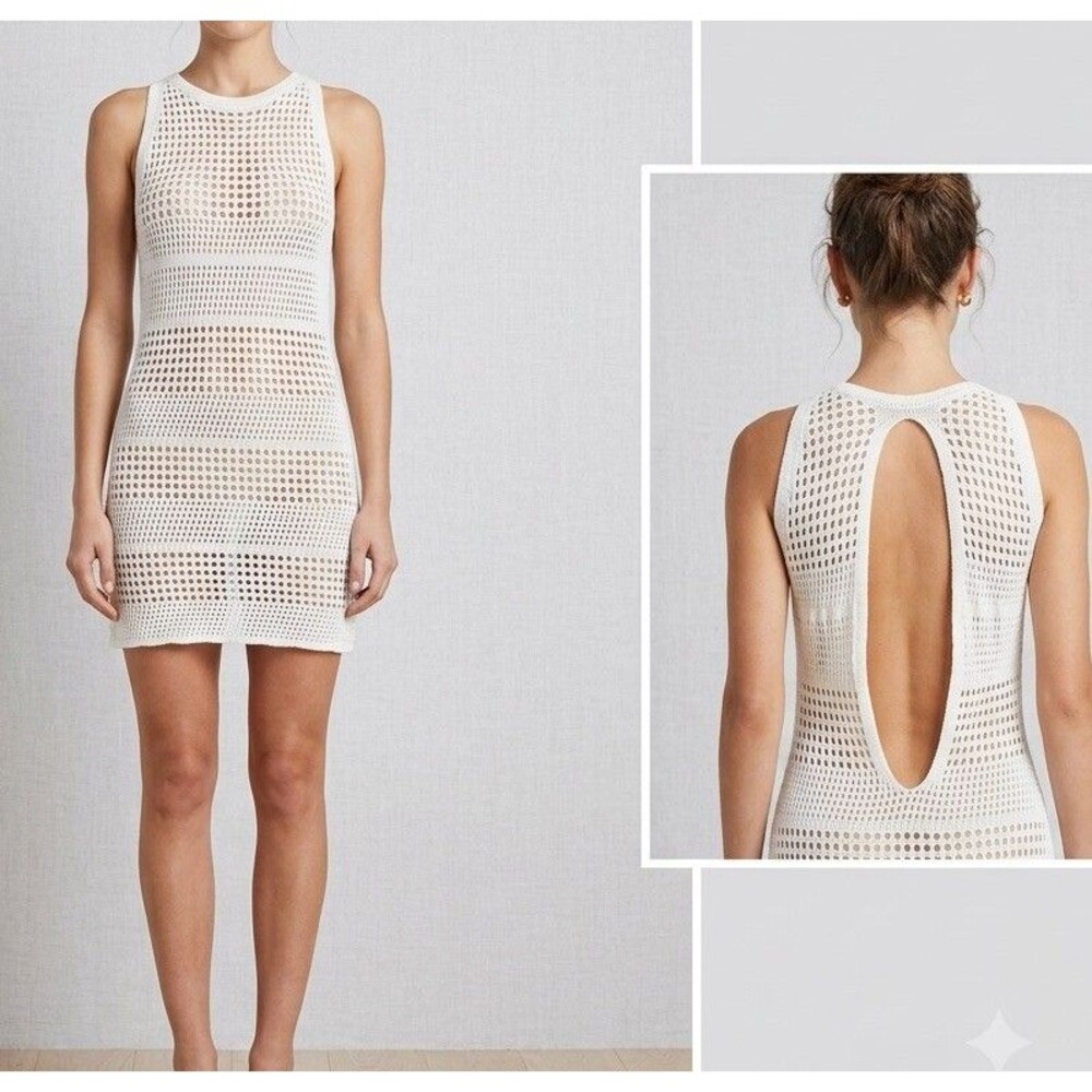White Open Knit Crochet Swim Cover Up Mini Dress Keyhole Back Medium 6 SHEIN